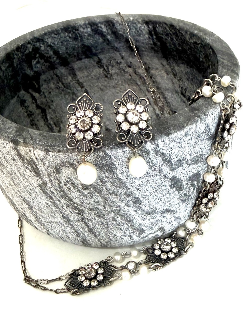 Vintage Silver Floral Necklace & Earrings With Crystals & Pearls by Liz Palacios